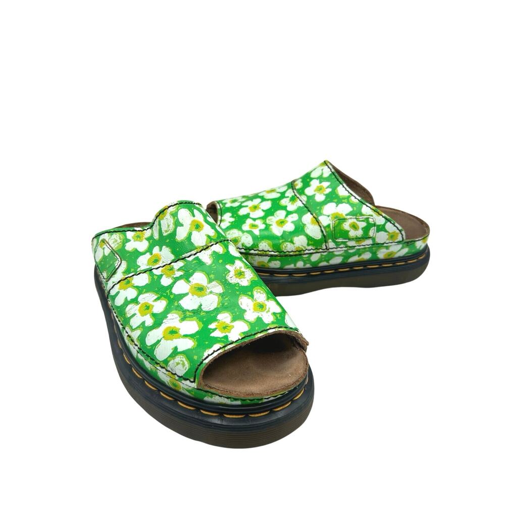 RARE Dr. Martens Green Floral  Leather Platform Sandals Slides Y2K WMS 9 VTG ENG